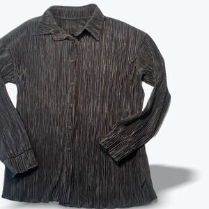 Plisse Pleated Button Down Blouse Charcoal Grey Long Sleeve Textured Top No Tag
